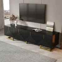 OKWISH Meuble TV avec portes texturées, meuble TV avec poignées et pieds dorés – noir