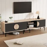 Merax Armoire TV avec 3 portes et 2 compartiments de rangement ouverts, support TV stable pour le salon, TV-Lowboard pour jusqu'à 80 pouces de télévision, noir