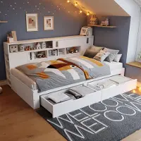 OKWISH Lit Enfant 140x190 cm, Lit Simple avec Tiroirs, Étagère et Armoire de Rangement, en MDF - Sans Matelas - Blanc