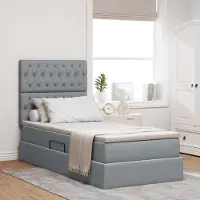Prolenta Lit coffre exclusif avec matelas, couleur gris clair, dimensions 90 x 190 cm, revêtement en tissu