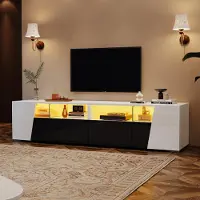 Merax Armoire TV haute brillance avec éclairage LED, meuble TV moderne avec 2 tiroirs et 2 portes, support TV avecpar application, pour jusqu'à 80 pouces, blanc