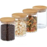 Relaxdays Bocaux de conservation avec couvercle en bambou, lot de 4, petits bocaux en verre, 750 ml, hermétiques, transparents/naturels