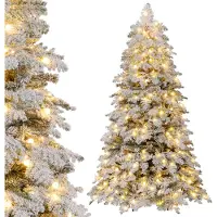 Costway Sapin de Noël artificiel 180cm avec neige, Sapin avec 130 boules, LED blanc chaud, 8 modes d'éclairage & support, Sapin de Noël