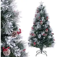 Costway Sapin de Noël artificiel 180cm avec pommes de pin & baies, sapin avec neige, LED blanc froid, fibre de verre & pointe d'étoile, 8 modes Vert Blanc