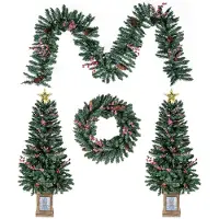 Costway Sapin de Noël artificiel en pot, set de 2, mini sapin de 120cm avec guirlande de Noël, couronne de Noël, pommes de pin, baies&étoile, vert