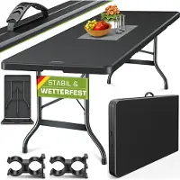 Tillvex Table de jardin 180x75cm noir pliable plastique | Table de buffet avec poignée | Table pliante pour jardin terrasse et balcon | Table de camping 6 personnes