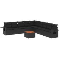 Sonstiges Ensemble Canapé Modulable de Jardin 10 Pièces, Résine Tressée Noire, Coussins Déhoussables, Table d'Appoint Pliable en Bois d'Acacia, Résistant aux UV