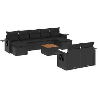 Syfax Canapé de jardin modulable 10 pièces, résine tressée noire, acier, table d'appoint pliable en bois d'acacia, coussins déhoussables lavables