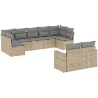 Syfax Ensemble canapé de jardin modulable 9 pcs, résine tressée beige, coussins gris clair déhoussables, rangement intégré, résistant aux UV