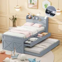 Sweiko Lit simple en bois massif de pin 90x190 Multifonctionnel avec tiroir extensible Sommier à lattes, table de nuit avec étagères avec prise USB Lit d'adolescent Lit d'invité Gris