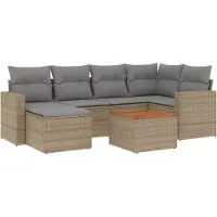 Syfax Salon de jardin modulable 7 pièces, résine tressée beige, avec table en bois d'acacia, coussins déhoussables gris clair, résistant aux UV
