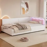 Merax Lit de jour 90x200 cm, Canapé-lit avec éclairage d'ambiance LED & télécommande, Canapé-lit en non-tissé, Lit de jour avec sommier à lattes, Lit d'enfant, Blanc