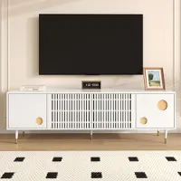 Merax Armoire TV 170×36×54 cm, meuble TV avec structure grillagée etReproduction doré, lowboard avec 4 portes, gestion des câbles et protection anti-basculement, meuble de salon blanc