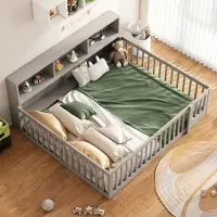 MODFU Lit Enfant 140x200 cm - Avec Barrière de Sécurité et Espace de Rangement - Sommier Inclus - Bois et MDF - Gris