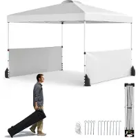 Costway 300 x 300 cm Pavillon pop-up avec 2 demi-parois latérales, sac de transport avec roulettes, 8 piquets, 4 ancres, 4 cordes à vent, 4 sacs de sable