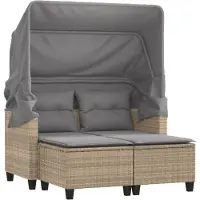 Syfax Canapé de jardin 2 places avec auvent et tabourets beige rotin
