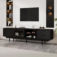 Merax TV Lowboard 200cm avec 2 portes et 2 tiroirs, Armoire TV jusqu'à 80 pouces, Tableau TV avec étagères ouvertes, Design moderne, Noir