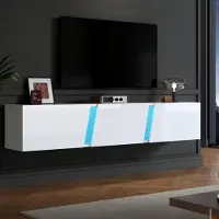 Merax Armoire TV murale 180x35x30cm, LED Lowboard avec 3 portes etApp, Suspendu pour TV 75 pouces, façade acrylique,Blanc brillant