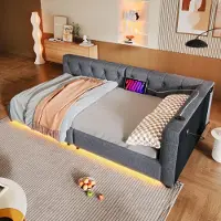 MODFU Lit banquette 90x200 cm - Lit Capitonnée en Lin avec Ports USB Type-C et Bande LED, Style Moderne - Sans Matelas - Gris