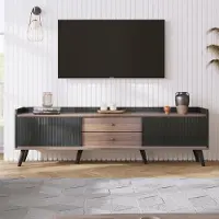 UnboxG Meuble TV 160x40x58cm (noir + bois naturel) : 2 tiroirs, buffet bas, 2 portes coulissantes, texture raffinée