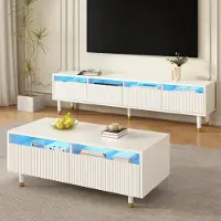 MODFU Ensemble de Salon Contemporain avec Meuble TV Éclairé et Table Basse - Structure en MDF Solide - 178x35x45 / 110x50x40 cm, Blanc et Bois
