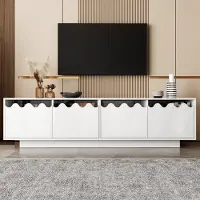 Merax Armoire TV moderne au design ondulé, TV Lowboard avec 4 portes et étagères en verre, support TV en MDF pour le salon, blanc