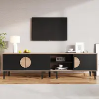 Fortuna Lai 180*35*49 cm meuble TV bas, support TV pour le salon, meuble TV avec 2 armoires, meuble TV avec compartiments de rangement ouverts, couleur bois + noir, adapté aux téléviseurs 80 pouces