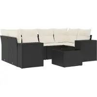 Syfax Ensemble Canapé Modulable de Jardin 7 Pièces, Résine Tressée Noire, Coussins Blanc Crème Déhoussables Lavables, Table Verre Trempé, Résistance UV