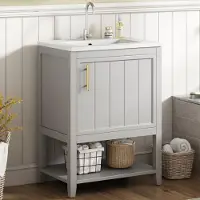 Fortuna Lai Meuble de salle de bain Lavabo simple, meuble sous lavabo 60 cm avec lavabo en céramique, avec tablette, gris clair