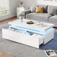 Merax Table basse avec LED et 2 tiroirs, table de salon brillante avec espace de rangement semi-ouvert, table d'appoint moderne, blanc