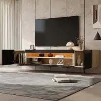 OKWISH Meuble TV Mural avec 2 Portes et 1 Abattante - LED via App - 180x37x36 cm - Noir + Couleur Bois D'origine