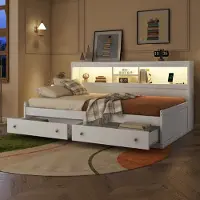 Flieks Canapé-lit Lit de jour en bois avec fonction de chargement, lit pour adolescents lit simple avec 2 tiroirs, canapé-lit Daybed lit fonctionnel lit d'invité avec LED, blanc