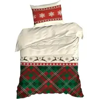 Eurofirany | Literie de Noël - housse de couette - 140 x 200 cm - 2x taies d'oreiller 80 x 70 cm - coton - crème rouge vert