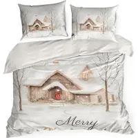Eurofirany |Linge de lit de Noël - 160 x 200 cm - coton - blanc or crème - Motif avec cabane de Noël - Garniture de lit