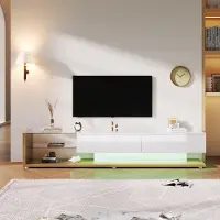 OKWISH Meuble TV LED 170 x 36 x 38 cm, meuble bas brillant pour salon, étagères en verre et éclairage LED réglable, mélange de style rustique et moderne, blanc