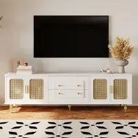 Merax Meuble TV avec tiroirs et portes, buffet bas avec portes vitrées, Table TV vintage Table basse TV debout, 175x38x55,5 cm, Blanc