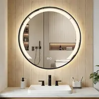 Costway Miroir rond avec éclairage, miroir de salle de bain 60cm de diamètre avec fonction anti-buée, 3 couleurs de lumière & luminosité réglable Miroir mural