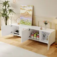 OKWISH Meuble TV avec Portes à Relief 3D et Rangements Multiples, Design Minimaliste en MDF et Panneaux de Particules - 180,5x38x50 cm Blanc