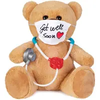 Ed Brubaker Ours en peluche avec masque et stéthoscope - Get Well Soon - 35 cm - Ours en peluche médecin - Peluche câline - Marron clair