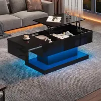 Merax Table basse haute brillance Lift avec LED, réglable en hauteur par système hydraulique Table de salon, table d'appoint à déplacement latéral avec espace de rangement