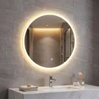 Costway Miroir rond , miroir mural avec éclairage, miroir de salle de bain avec 3 couleurs de lumière, gradation continue, anti-buée, miroir de salle de bain, 70 cm