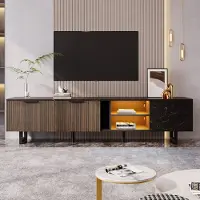 Flieks Armoire TV avec 2 portes et éclairage LED, meuble TV 200x38x50 cm, armoire de salon dans un nouveau style classique, noir + couleur bois