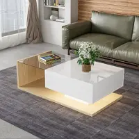 Merax Table basse avec tiroir et plateau en verre, table d'appoint brillante avec éclairage LED, table basse de salon 105x55x32,5cm