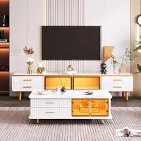 OKWISH Meuble TV 170x37x47,5 cm - 4 tiroirs et portes en verre trempé - Blanc