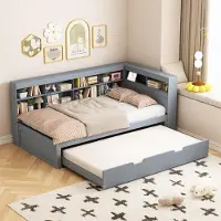 Fortuna Canapé-lit Lai 90*200, lit gigogne 90*190 avec prise USB et plusieurs compartiments de rangement, lit en bois massif, lit simple, lit multifonctionnel en bois, gris.