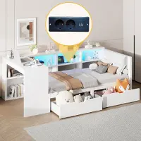 Merax Canapé-lit Lit de jour 90x200 cm avec prises de courant, LED, 2 tiroirs, bureau, compartiment de rangement, tête de lit rembourrée, lit d'enfant, lit en bois, blanc