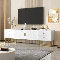 Merax Armoire TV 175 cm avec socle métallique doré, Lowboard avec 4 tiroirs, 2 compartiments et passages de câbles, support TV, L:175cm, Blanc