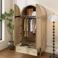 OKWISH Armoire avec tringle et tiroirs, portes battantes, façade arrondie, chêne