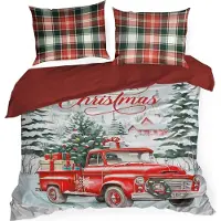 Eurofirany | Linge de lit de Noël - 160 X 200 cm - rouge vert - coton - motif de Noël - 1x housse de couette - 2x taies d'oreiller