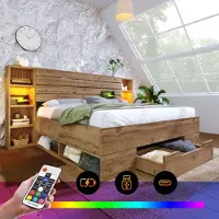 Flieks Lit double Lit de rangement 180x200cm avec USB & LED, Lit jeune en bois avec tiroirs & étagère, Lit en bois massif Cadre de lit, Naturel